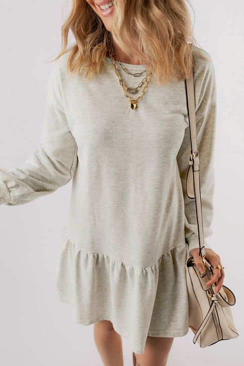 Long Sleeve Round Neck Ruffle Hem Mini Dress