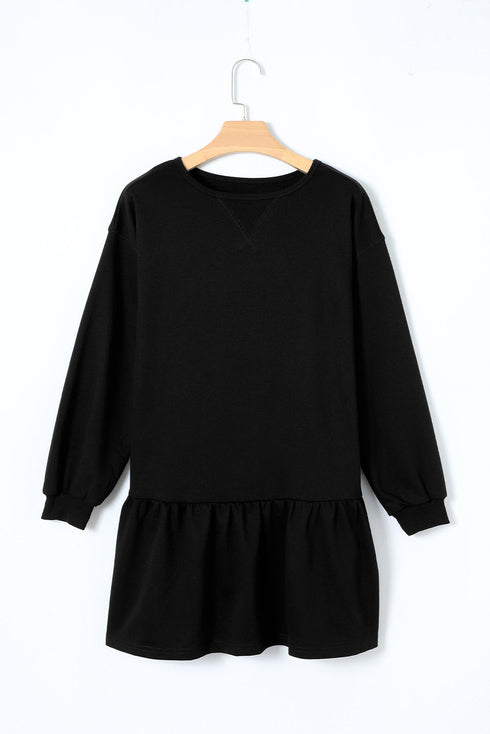 Long Sleeve Round Neck Ruffle Hem Mini Dress