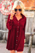 Long Sleeve Ruffle Velvet Button Up Dress
