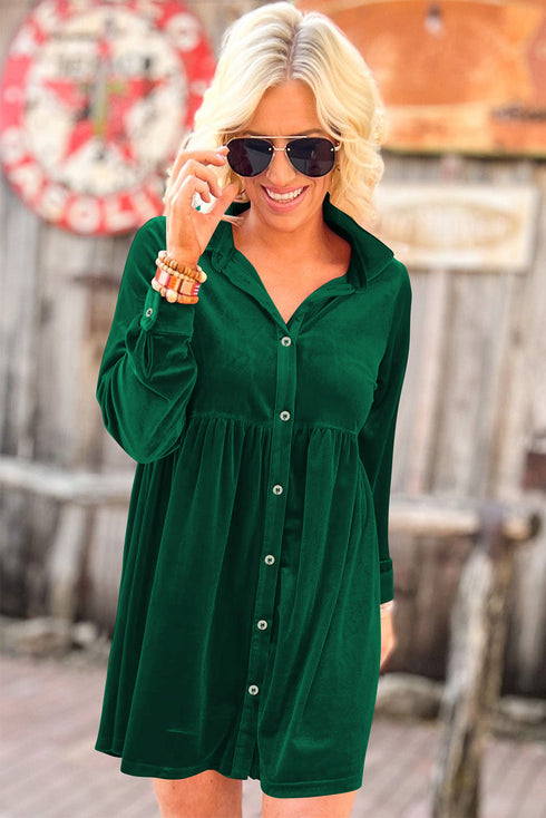 Long Sleeve Ruffle Velvet Button Up Dress