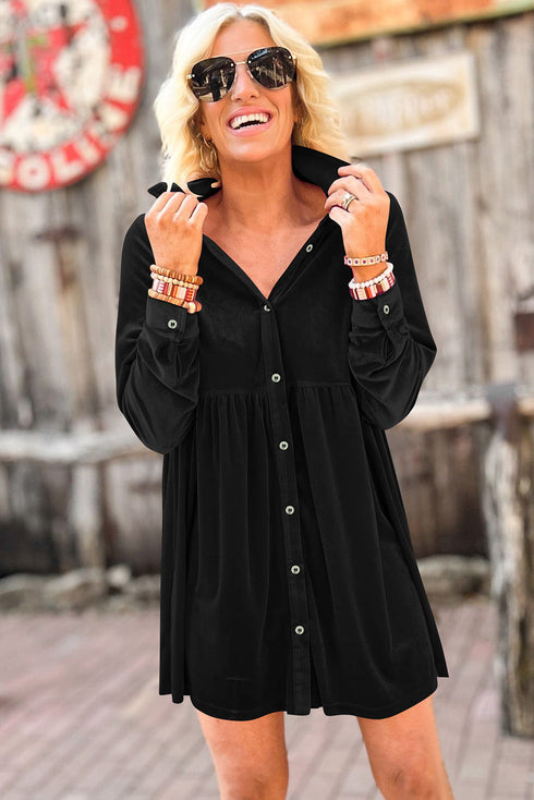 Long Sleeve Ruffle Velvet Button Up Dress