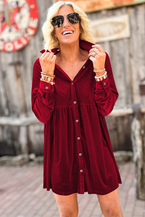 Long Sleeve Ruffle Velvet Button Up Dress