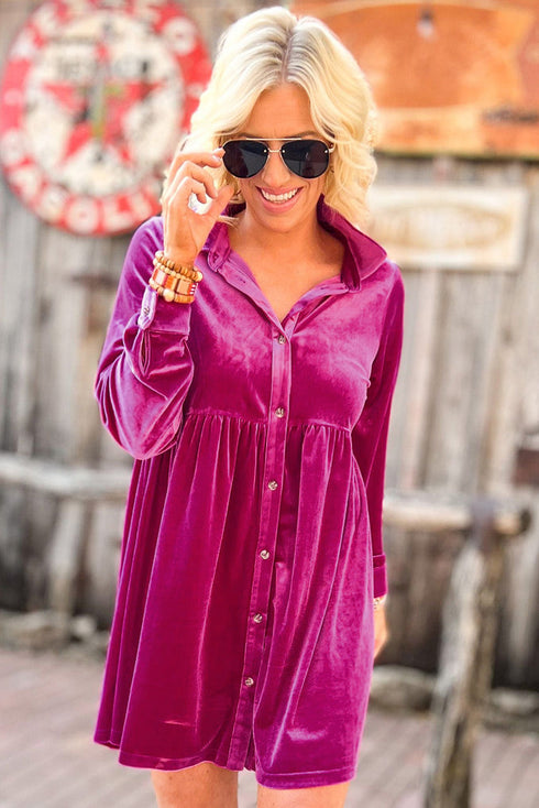 Long Sleeve Ruffle Velvet Button Up Dress