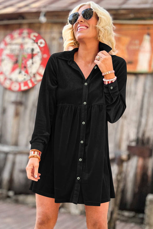 Long Sleeve Ruffle Velvet Button Up Dress
