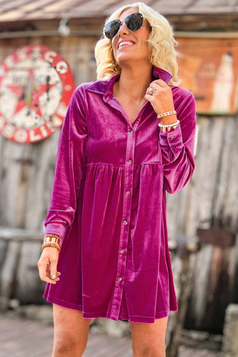 Long Sleeve Ruffle Velvet Button Up Dress