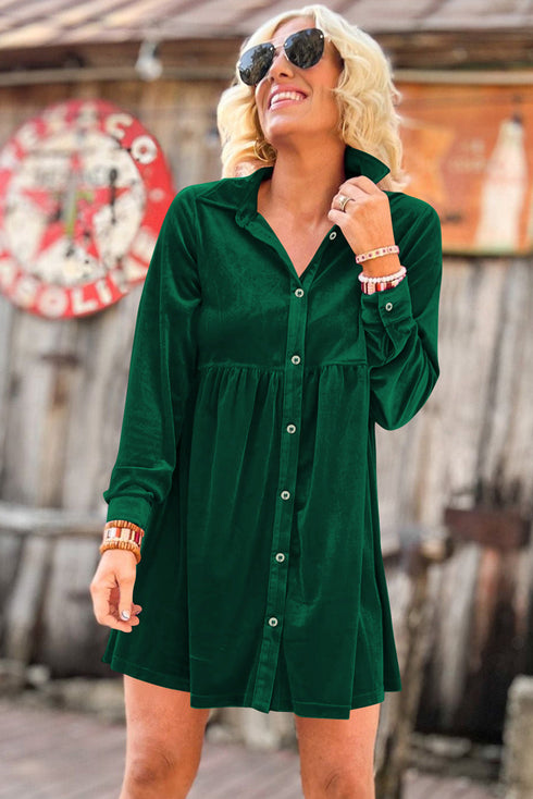 Long Sleeve Ruffle Velvet Button Up Dress