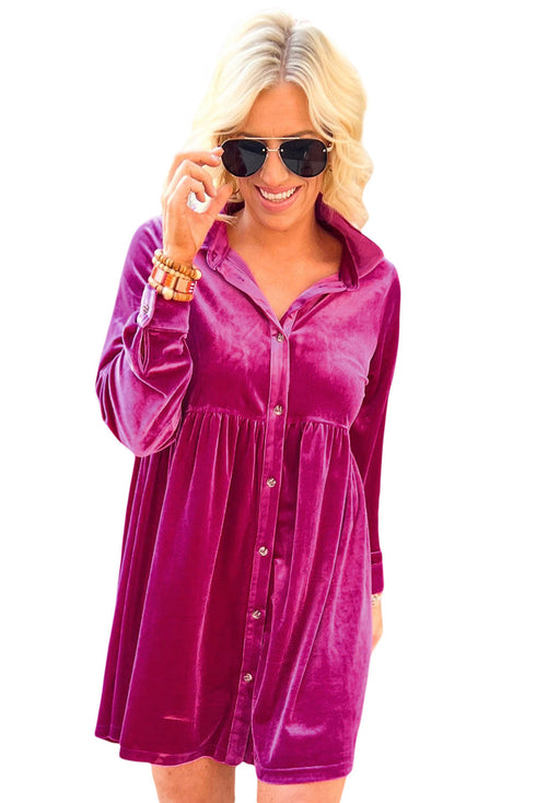 Long Sleeve Ruffle Velvet Button Up Dress
