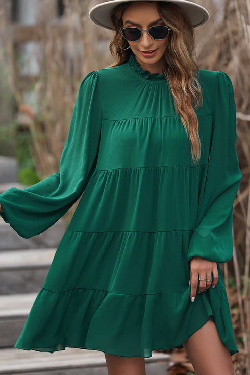 Long Sleeve Ruffled Mock Neck Tiered Mini Dress