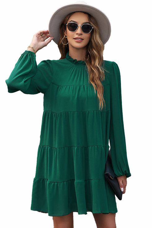 Long Sleeve Ruffled Mock Neck Tiered Mini Dress