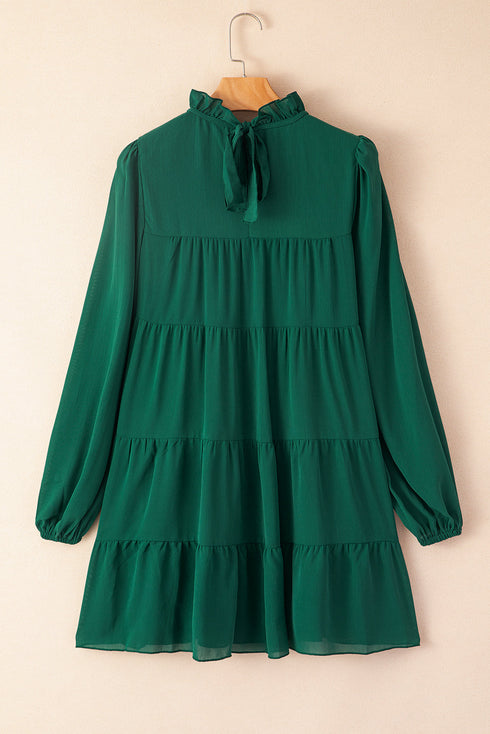 Long Sleeve Ruffled Mock Neck Tiered Mini Dress