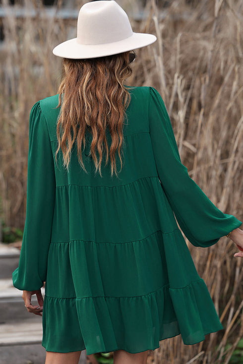 Long Sleeve Ruffled Mock Neck Tiered Mini Dress