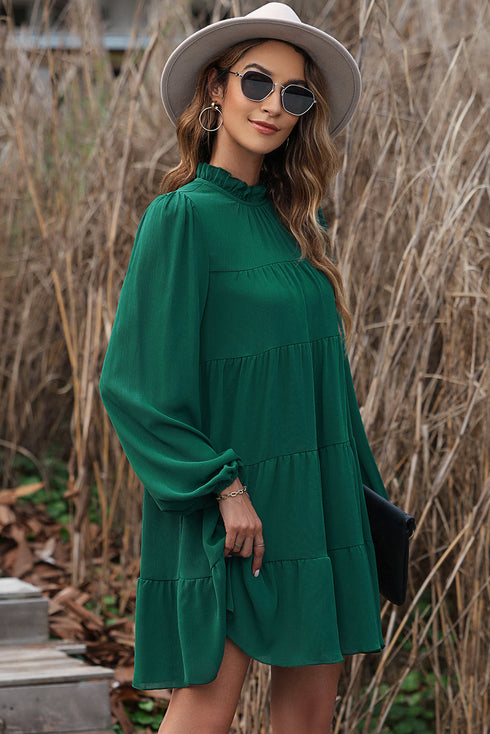 Long Sleeve Ruffled Mock Neck Tiered Mini Dress