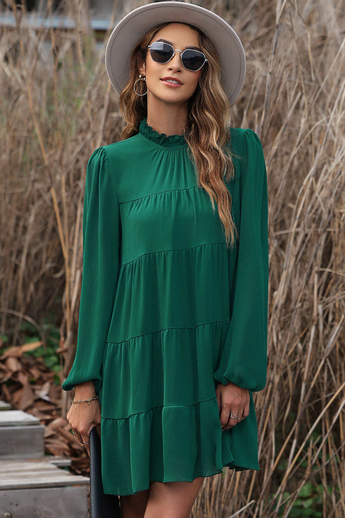 Long Sleeve Ruffled Mock Neck Tiered Mini Dress