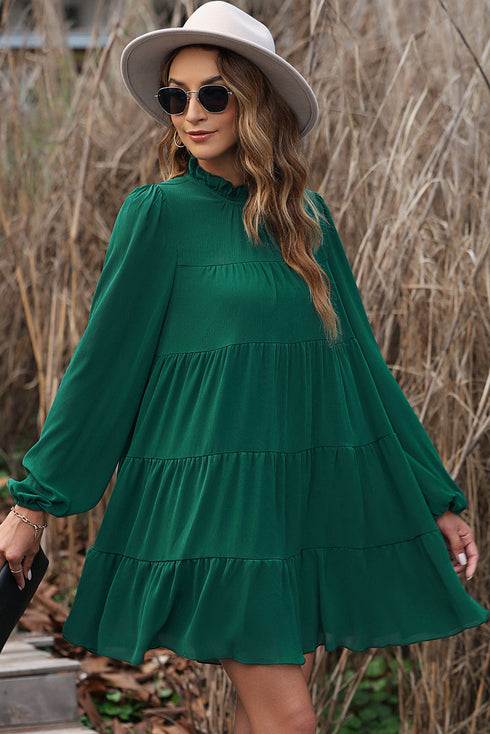 Long Sleeve Ruffled Mock Neck Tiered Mini Dress