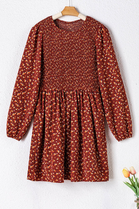 Long Sleeve Smocked Bodice Floral Mini Dress