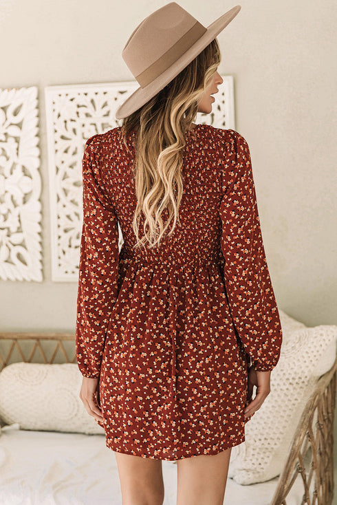 Long Sleeve Smocked Bodice Floral Mini Dress
