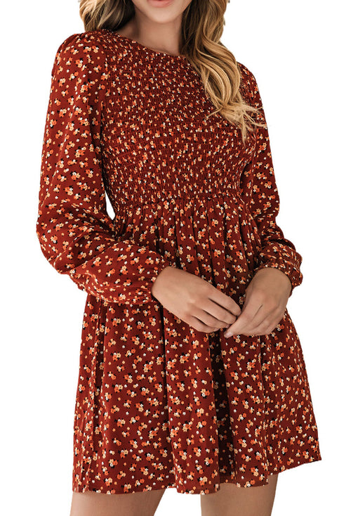 Long Sleeve Smocked Bodice Floral Mini Dress