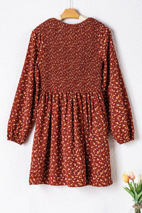 Long Sleeve Smocked Bodice Floral Mini Dress