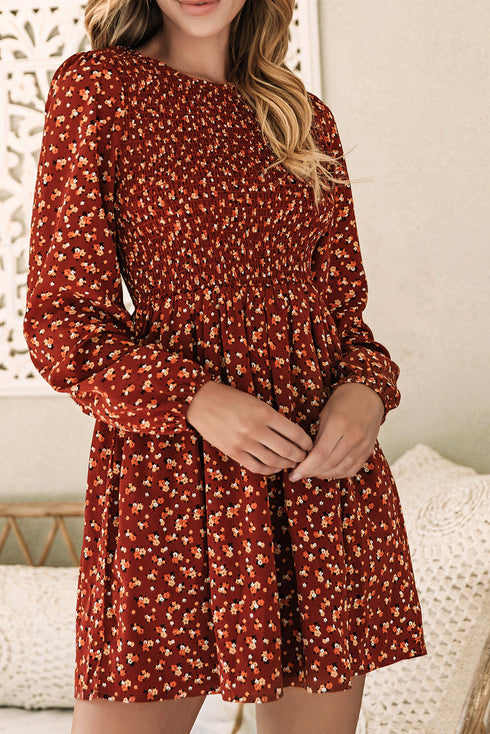 Long Sleeve Smocked Bodice Floral Mini Dress