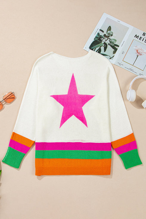 Long Sleeve Star Graphic Stripe Detail Pullover Sweater