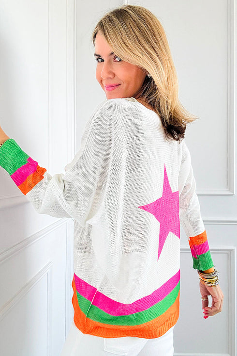 Long Sleeve Star Graphic Stripe Detail Pullover Sweater