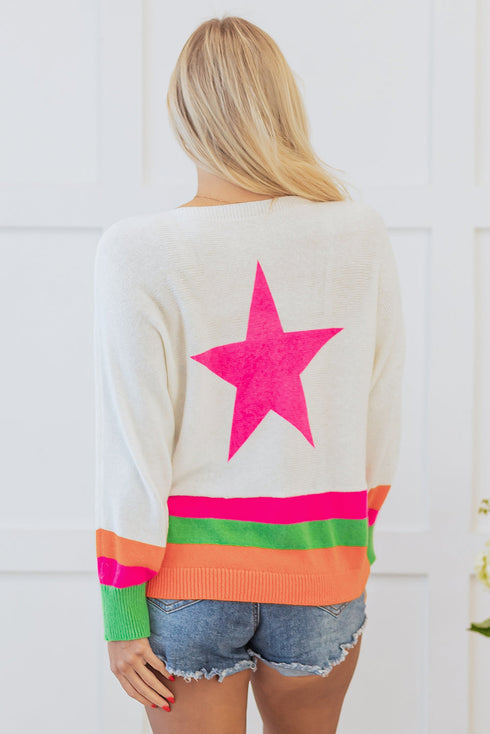 Long Sleeve Star Graphic Stripe Detail Pullover Sweater
