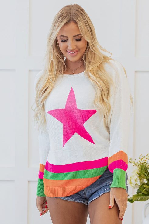 Long Sleeve Star Graphic Stripe Detail Pullover Sweater