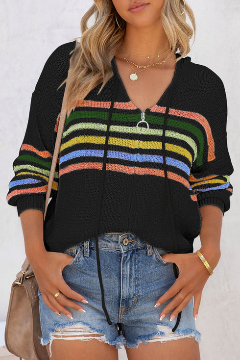 Long Sleeve Striped Half Zip Hooded Sweater