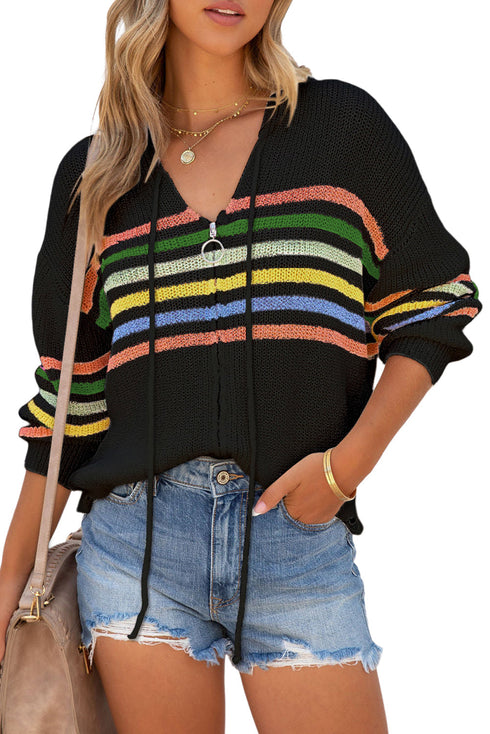 Long Sleeve Striped Half Zip Hooded Sweater