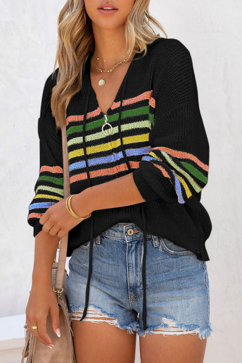 Long Sleeve Striped Half Zip Hooded Sweater