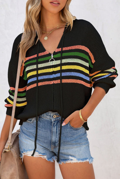 Long Sleeve Striped Half Zip Hooded Sweater