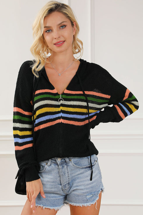 Long Sleeve Striped Half Zip Hooded Sweater