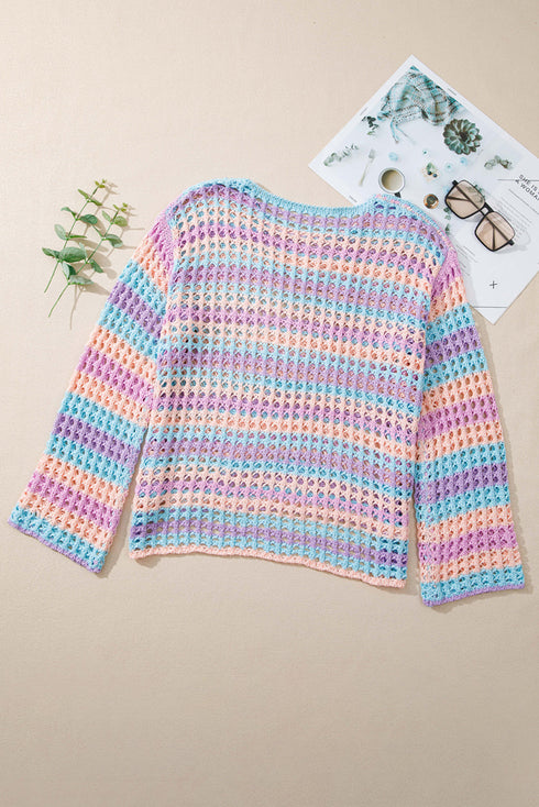 Long Sleeve Striped Open Knit Boho Crochet Top