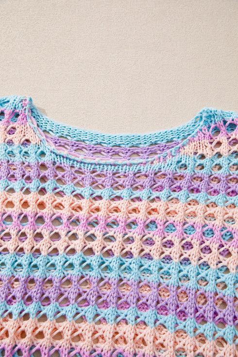 Long Sleeve Striped Open Knit Boho Crochet Top