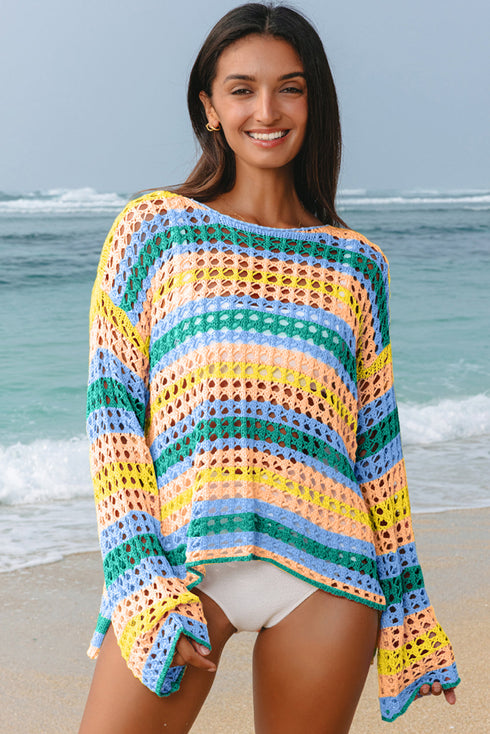 Long Sleeve Striped Open Knit Boho Crochet Top