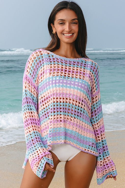 Long Sleeve Striped Open Knit Boho Crochet Top