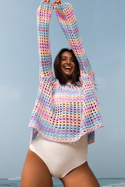 Long Sleeve Striped Open Knit Boho Crochet Top