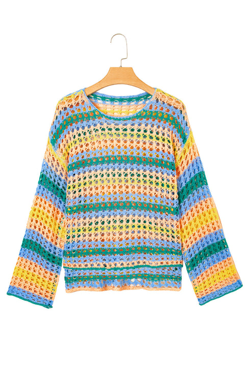 Long Sleeve Striped Open Knit Boho Crochet Top