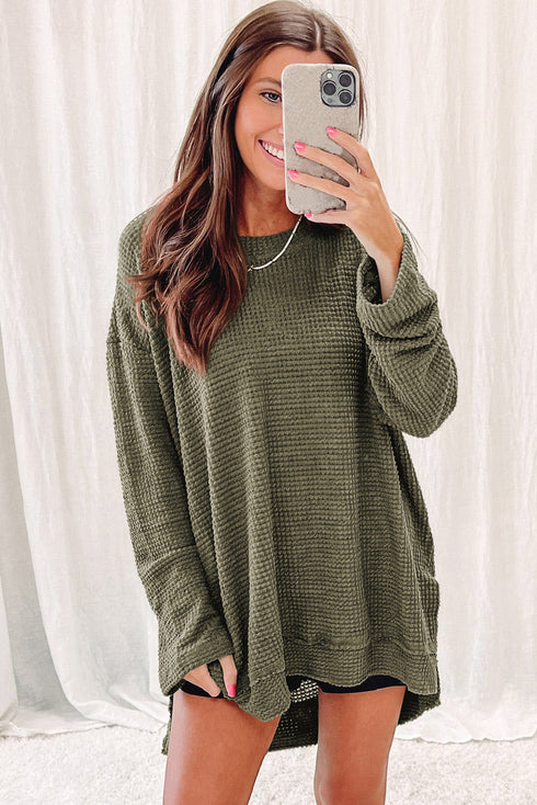 Long Sleeve Textured Waffle Knit Tunic Top