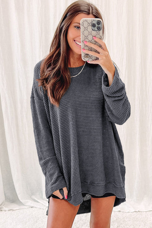 Long Sleeve Textured Waffle Knit Tunic Top