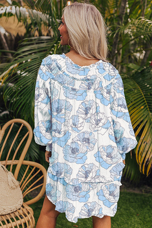 Long Sleeve Tie Neck Flowy Mini Floral Dress