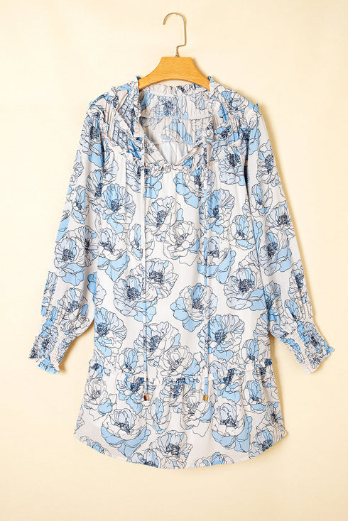Long Sleeve Tie Neck Flowy Mini Floral Dress