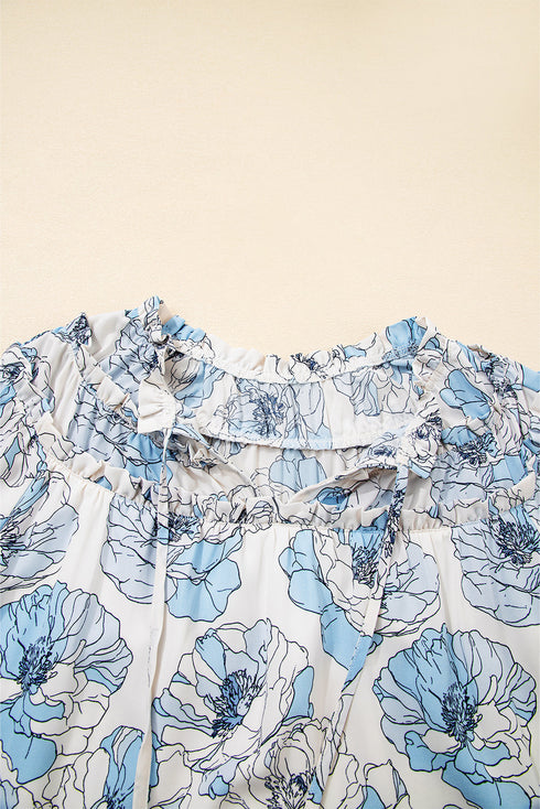 Long Sleeve Tie Neck Flowy Mini Floral Dress