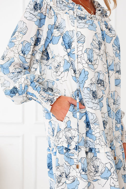 Long Sleeve Tie Neck Flowy Mini Floral Dress