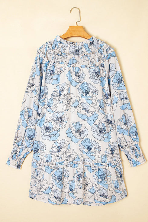 Long Sleeve Tie Neck Flowy Mini Floral Dress