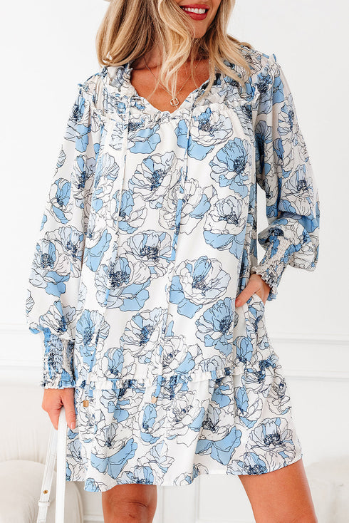 Long Sleeve Tie Neck Flowy Mini Floral Dress