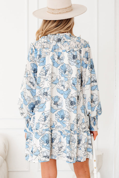 Long Sleeve Tie Neck Flowy Mini Floral Dress