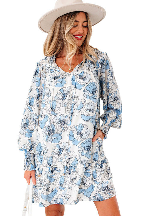 Long Sleeve Tie Neck Flowy Mini Floral Dress