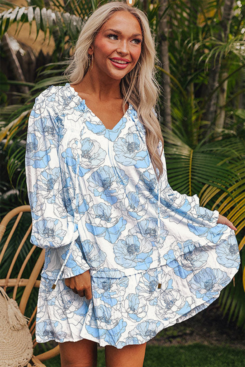 Long Sleeve Tie Neck Flowy Mini Floral Dress