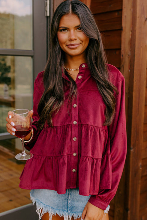 Long Sleeve Tiered Corduroy Button Down Shirt